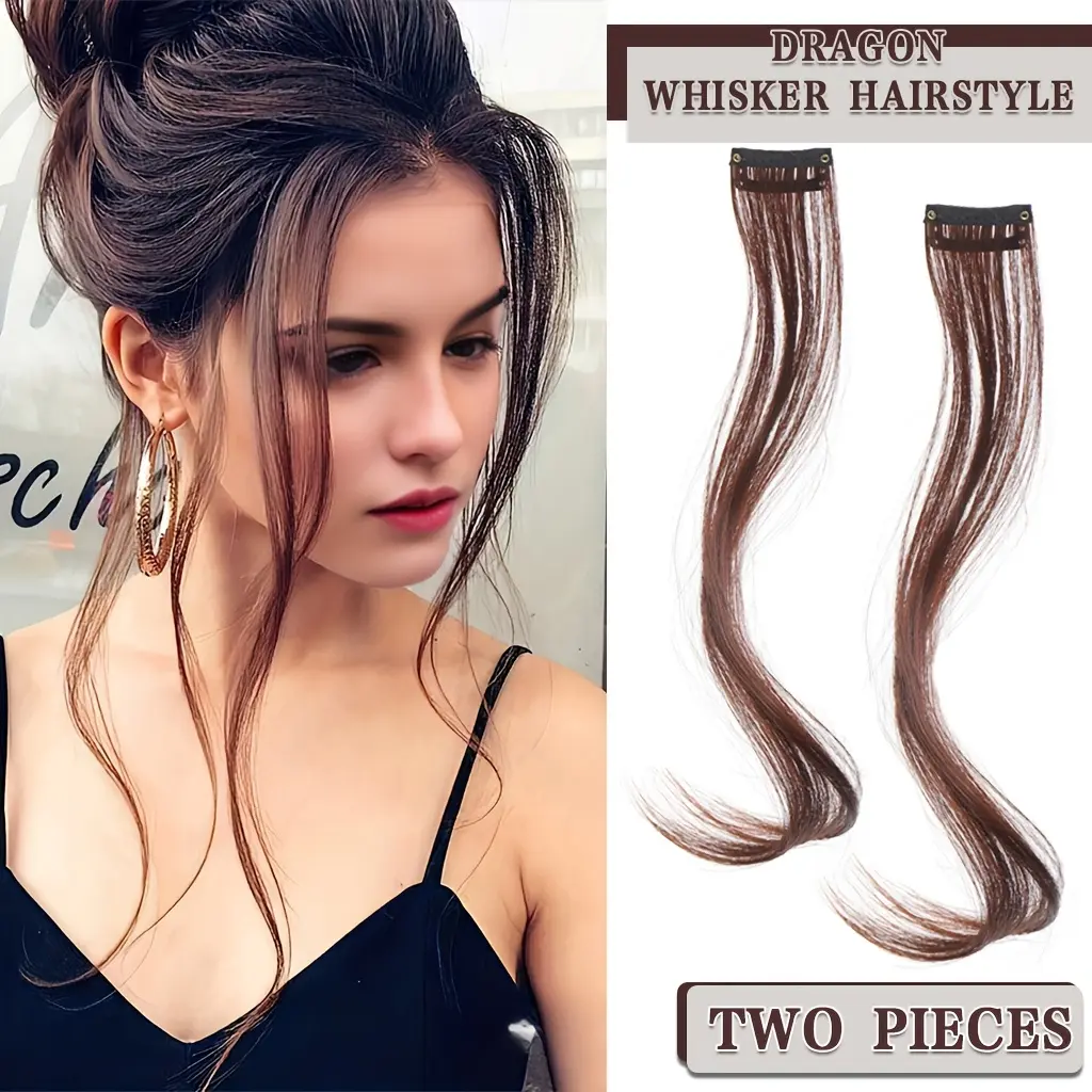 Women's Side Bangs 2pcs Set - Long Dragon Beard Fringe Extensions, Heat Resistant Synthetic Fiber, Clip-in Side Swept Bangs, Long Wavy Face-Framing Layers, Temples Hair Pieces for Daily Party Festival, Add Volume