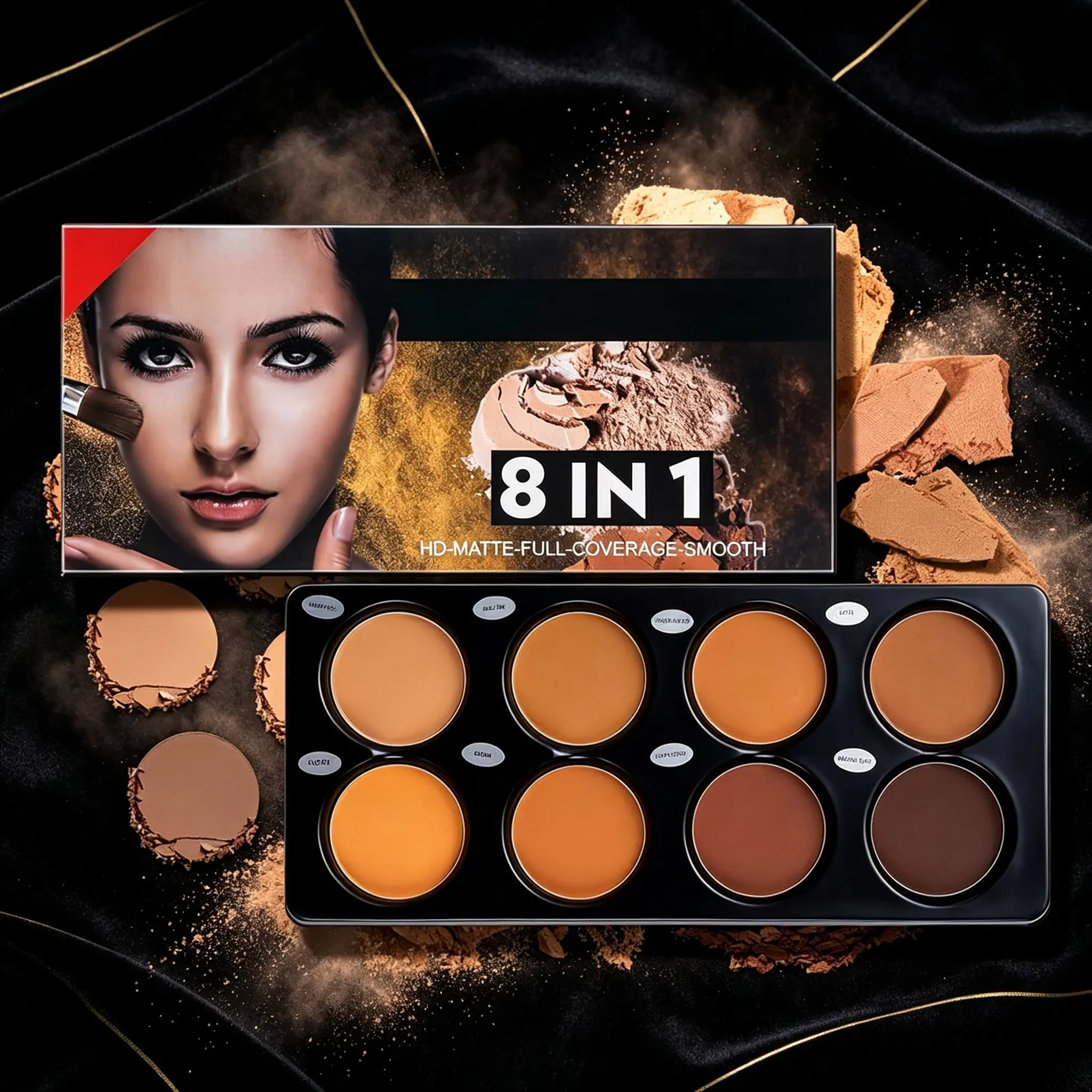 Pro makeup artist 8-shade matte contour cake bronzer with layered gradient shades. Blendable fine powder covers contour, highlight, nose shaping and spot concealing. Compact multi-use palette for makeup stalls and outdoor shooting touch-ups.