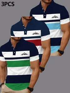 Men's 3-Piece Digital Print Polo Set, Short Sleeve, Quick-Dry Polyester, Geometric Pattern, Casual Style, Lightweight & Comfortable