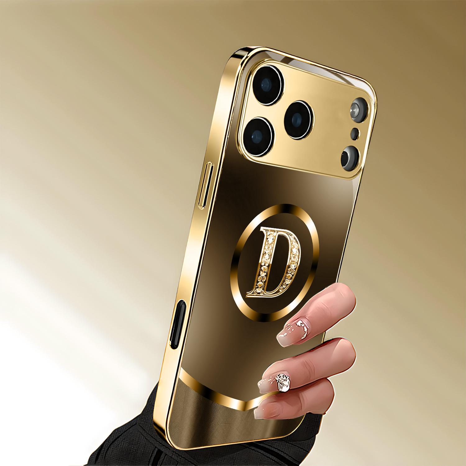 Elegant High-End Letter D Pattern Electroplated Gold New Phone Case, Suitable for iPhone 17/17 Pro/17 Air/17 Pro Max/16/16 Pro/16 Plus/16 Pro Max/15/15 Pro/15 Pro Max/14/14 Pro/14 Plus/14 Pro Max/13/13 Pro/13 Pro Max/13 Mini/12/11/XR/XS/X Tempered Glass,