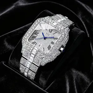 Fully Iced Silver Square Automatic Men Watch, Full Crystal Paved Dial with Black Roman Numerals & Date Window