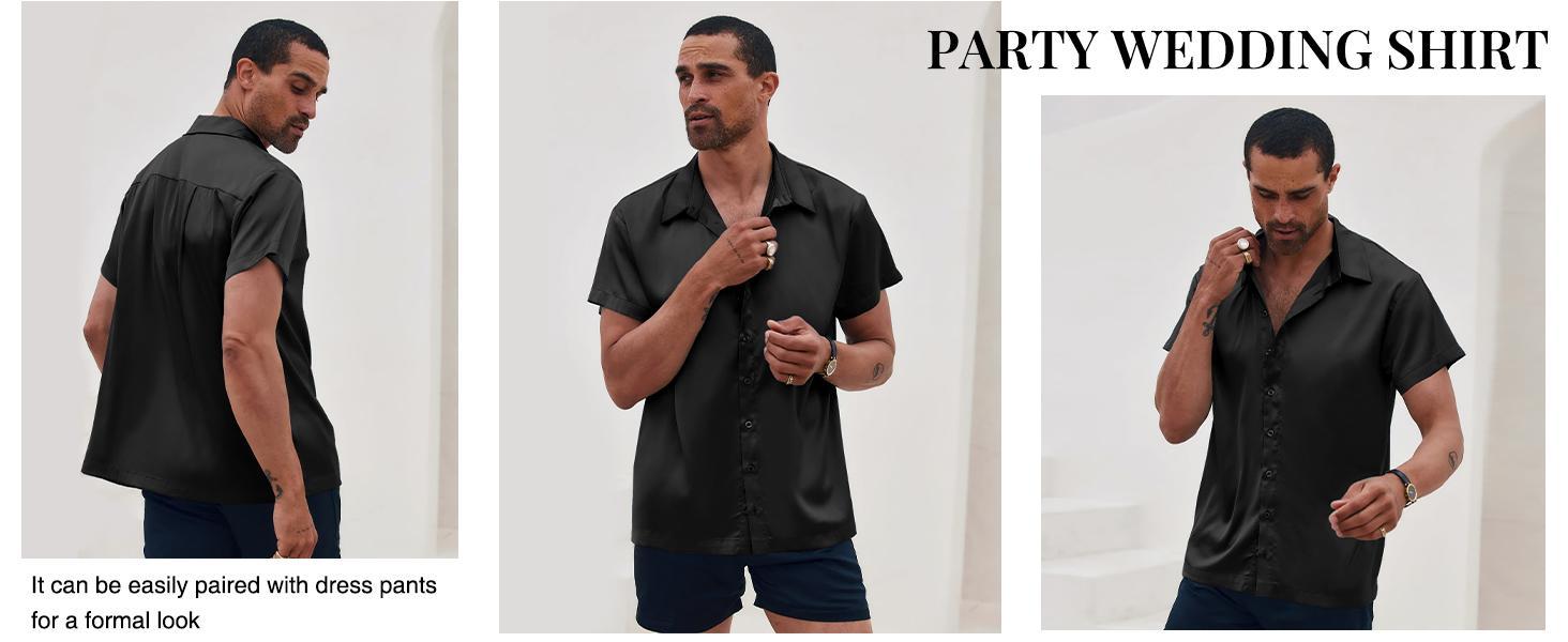 PASLTER Mens Luxury Satin Silk Dress Shirts Casual Button Down Short Sleeve Prom Party Wedding Shirt