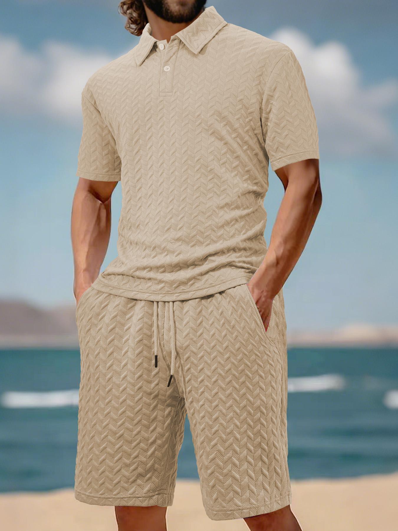 Men's Solid Polo Shirt & Drawstring Waist Shorts Set, Cozy Breathable Casual Two-piece Outfits for Daily Outdoor Wear, Men Clothes for Summer, Menswear