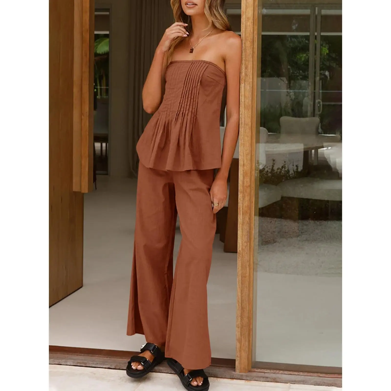 【NEW】TANKANEO Women's Pleated 2 Piece Outfits Beach Strapless Tube Top and Elastic Waist Straight Wide Leg Pants Lightweight Polyester Lounge Casual Outfits Sets