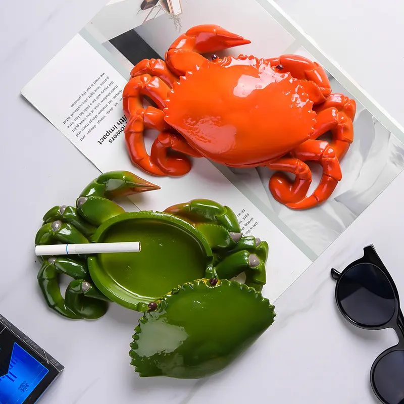 Glossy Ceramic Crab Figurine Ashtray with Lid - Heavy-Weighted Base, Windproof Claw Decor, Modern Decorative Animal Figures Ashtrays Ornaments, Indoor Table Accessory, Gifts for Smokers, Father’s Day