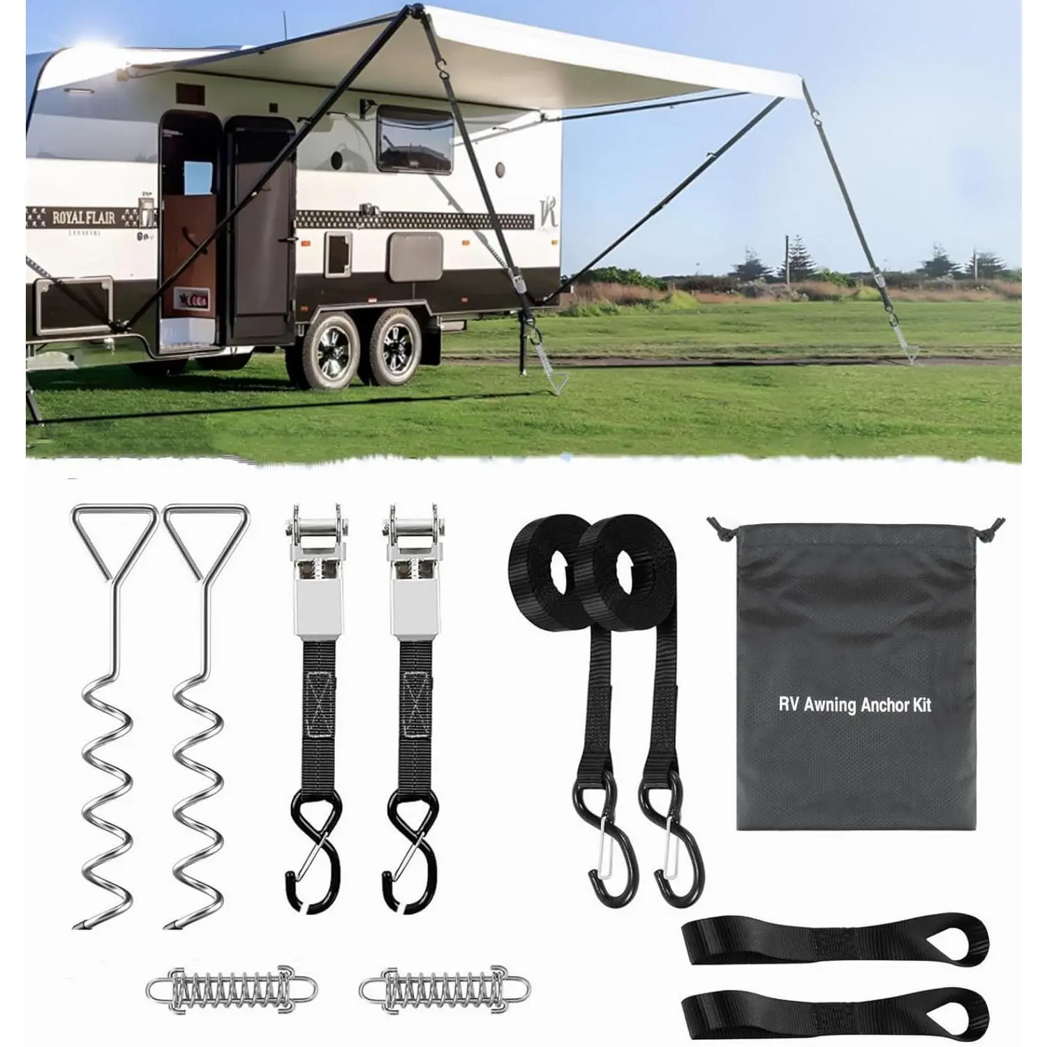 High-Quality Metal RV Awning Tie Down Kit - Wind-Secure Heavy-Duty Camper Anchors with Shock-Absorbing Spring, 13ft Ratchet Strap, Metal Stakes, Fits Camping Tents, Outdoor Camping Travel Trailers & Most Awning Types