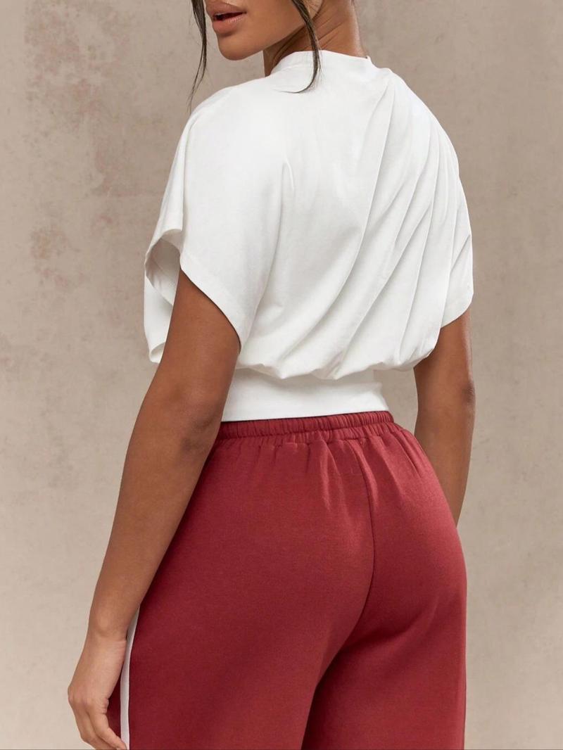 Women's Plain Batwing Sleeve Tee, Casual Fashion Minimalist  Short Sleeve T-shirt for Daily Wear, Ladies Clothes for All Seasons, Top