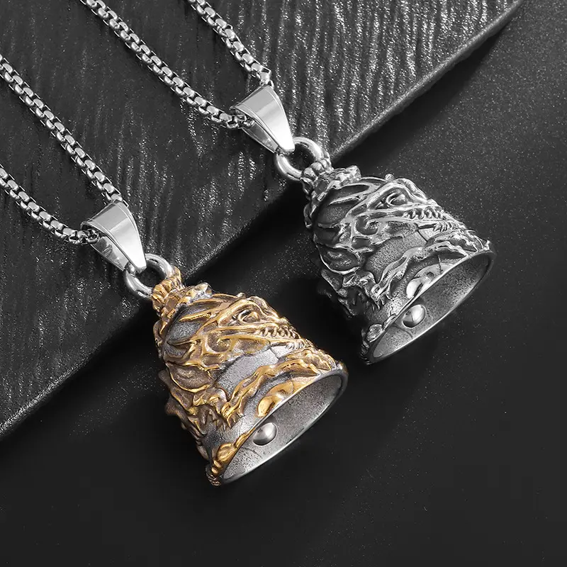 3D Embossed Dragon Guardian Bell Pendant Necklace, 2 Tone Stainless Steel Motorcycle Biker Bell Box Chain Jewelry | A Perfect Gift Choice | Waterproof & Corrosion-Resistant Material