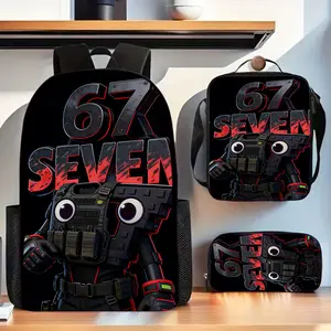 3-Piece Boys Water Resistant Backpack Set, 67 Seven Tactical Robot Big Eyes Red Neon Street Text Black Background Print School Kit Backpack Lunch Bag Pencil Case 600D Oxford for Teen Game Fan Daily Use