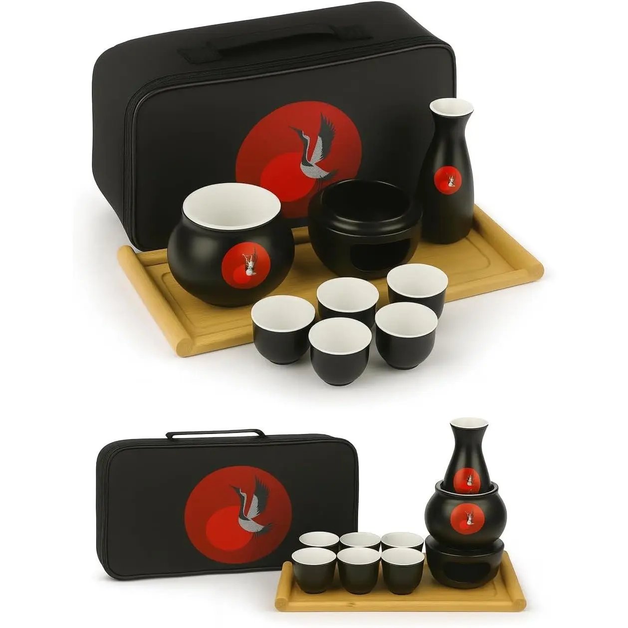 Japanese Sake Cup Set with 6 Ceramic Cups, 1 Ceramic Sake Bottle, 1 Ceramic Sake Warmer, Bamboo Tray and Cloth Carrying Case, Perfect Hot Sake Set for Authentic Japanese Experience Black/White