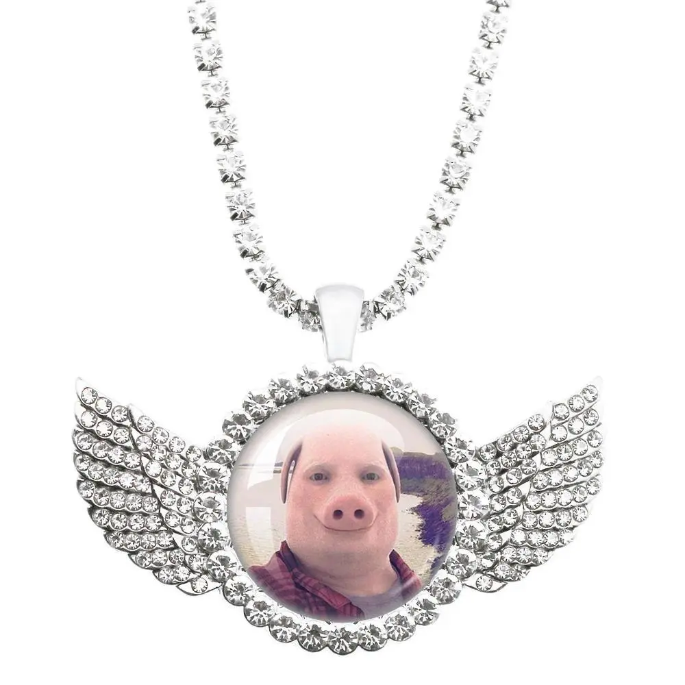 Iced Out Wing John Pork Meme Photo Pendant Necklace, Viral Funny Meme Hip Hop Tennis Chain for Men Women