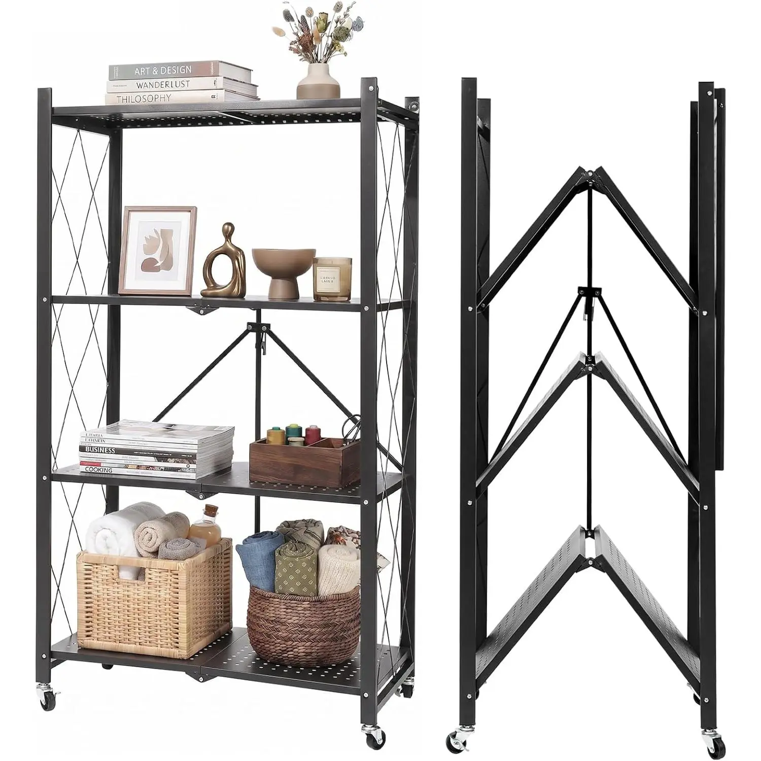 4-Tier Foldable Storage Shelf with Wheels – Heavy Duty 550 LBS Capacity, Collapsible Metal Steel Rolling Rack for Garage, Kitchen, Pantry, Office – Black