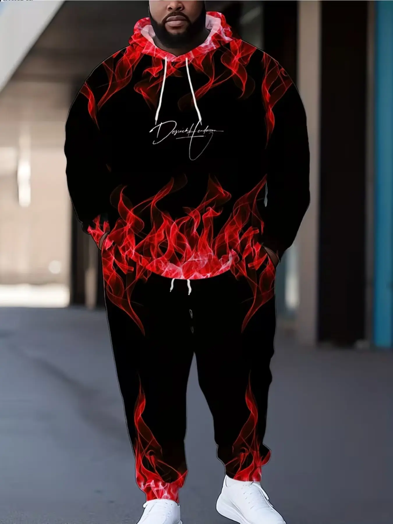 American Style Flame Wind Men's Full Set, Gradient Smoke Fireprint, Drawstring Hooded Sweatpants Two-Piece Set, Casual Loose-Fit