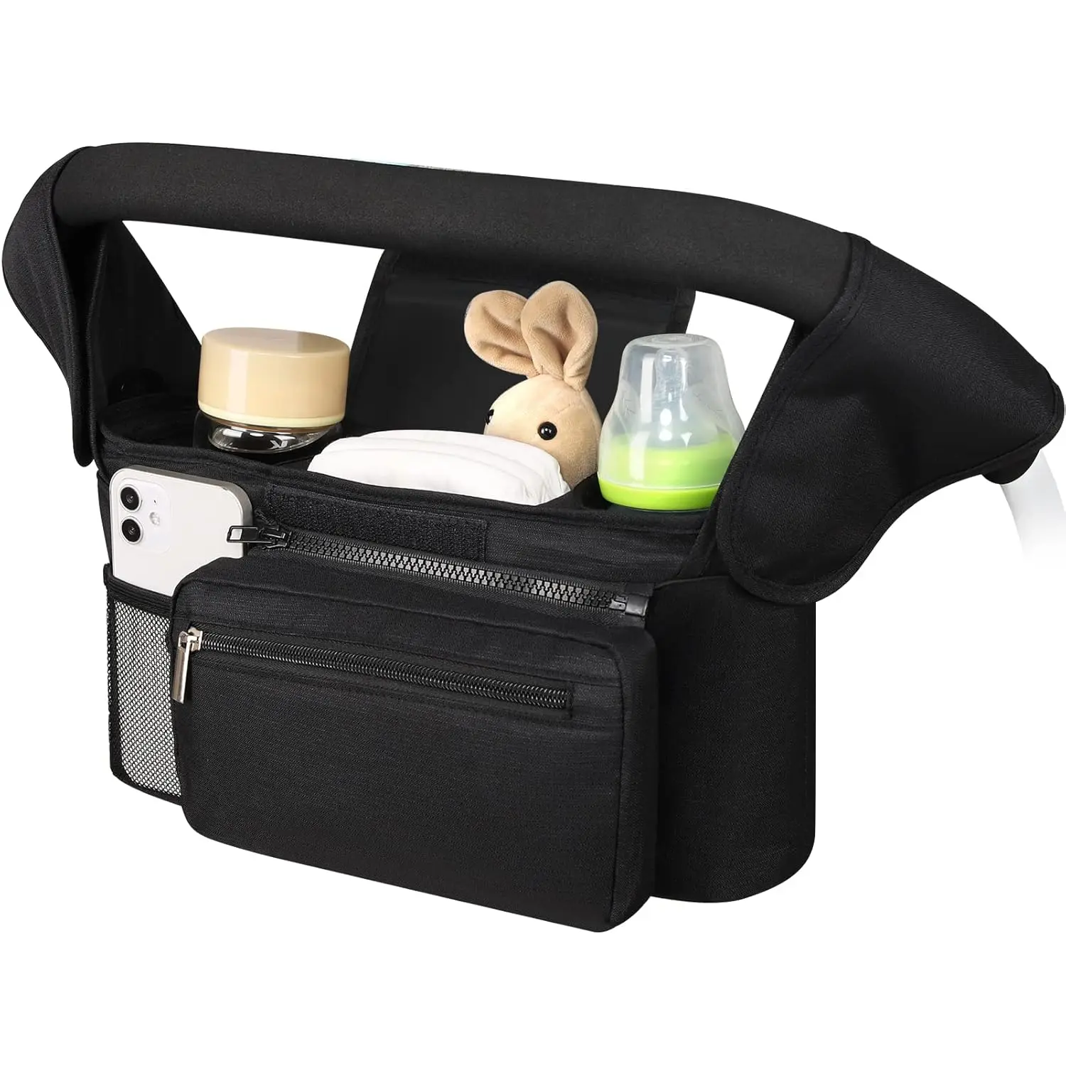 Universal Stroller Organizer with Cup Holder & Phone Pocket, Detachable Baby Stroller Caddy Bag with Shoulder Strap, Large Capacity Stroller Storage Organizer Compatible with Uppababy, Baby Jogger & Britax