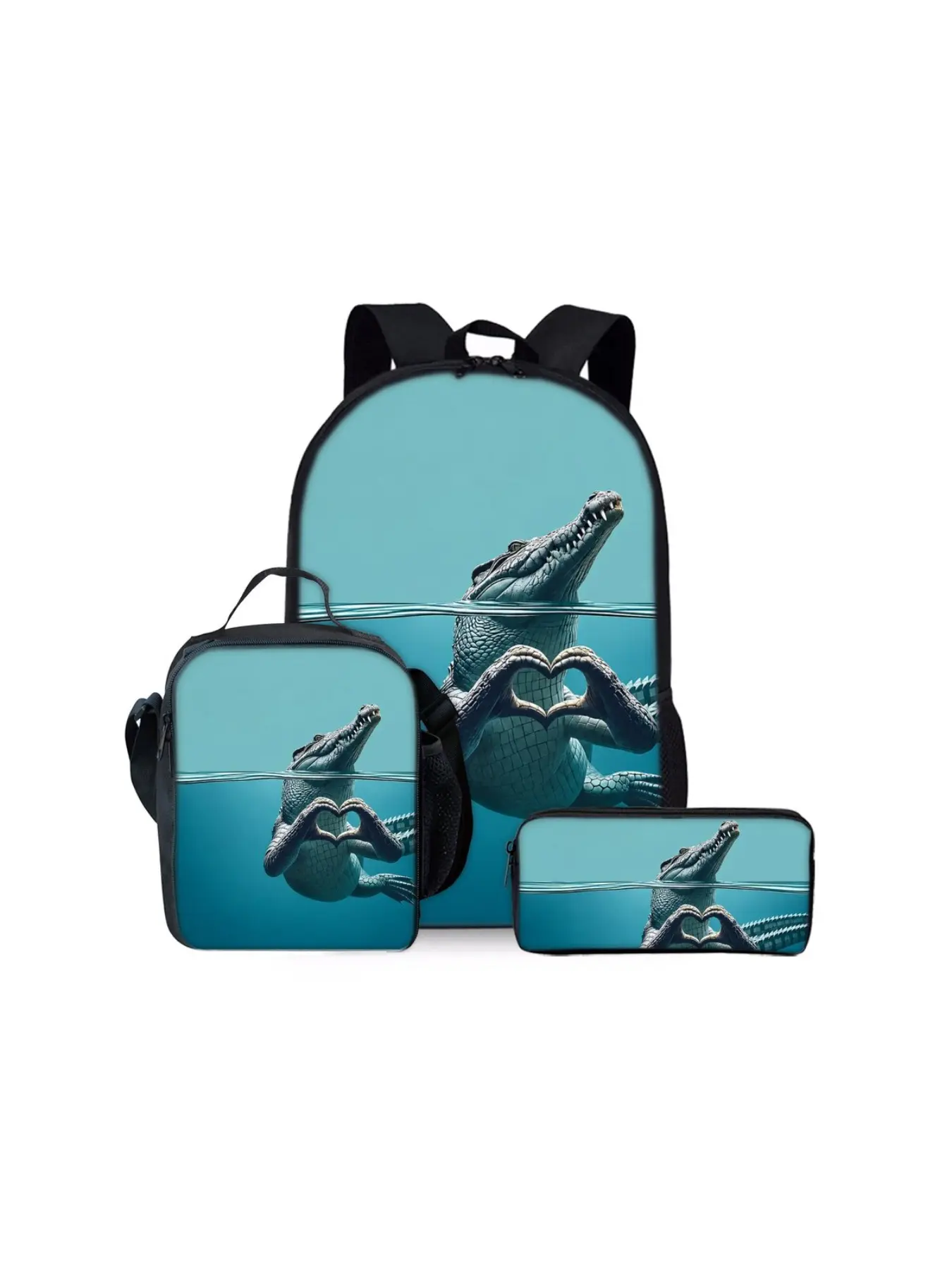 3-piece Backpack Set with 2D Printed Crocodile Pattern,Large-Capacity Lightweight Bag Set,Suitable for Outdoor Trips, Daily School Use, Travel, making it an ideal holiday gift for kids and friends