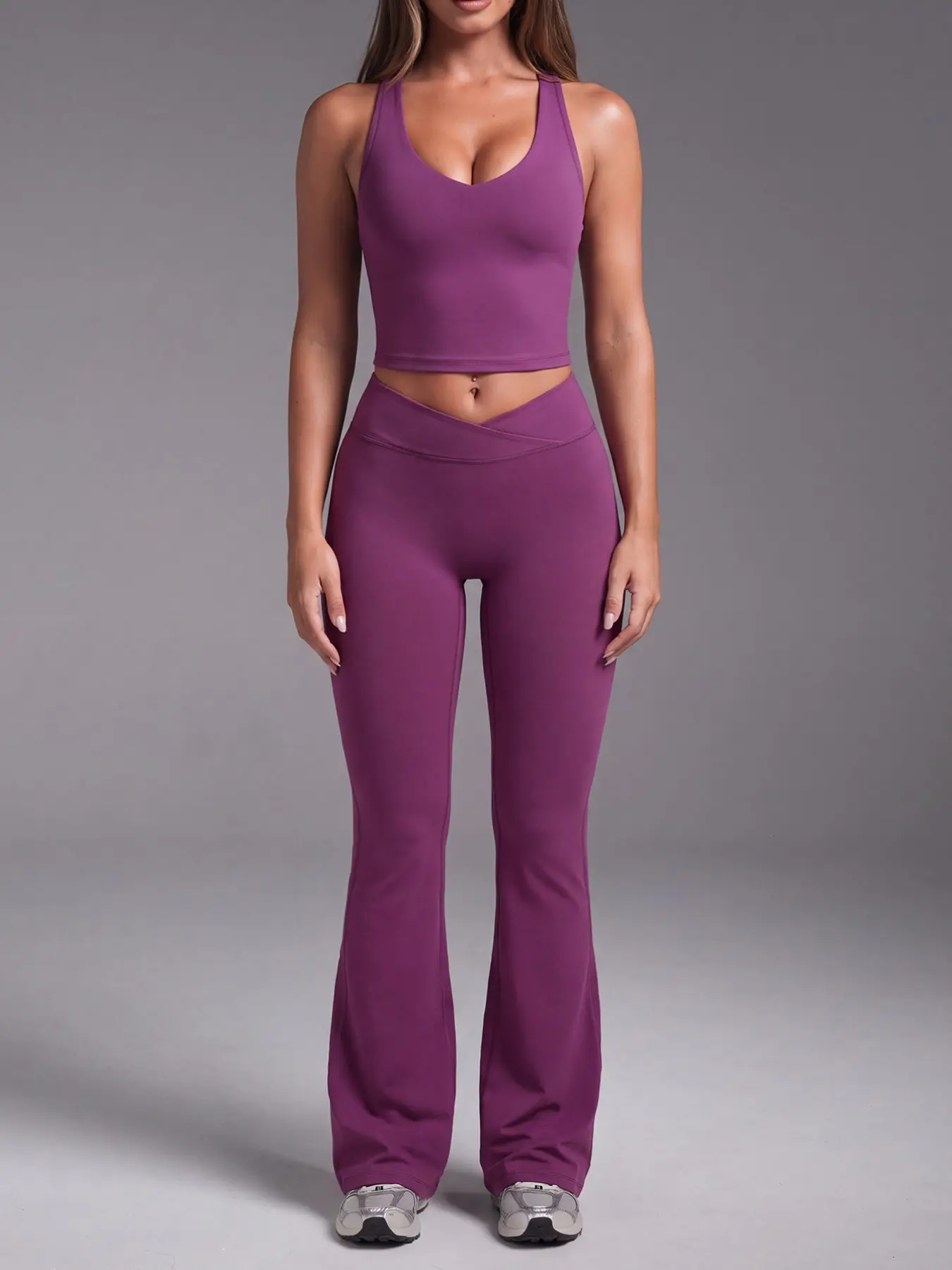 Women's Fall Casual Sport 2-Piece Set, Sexy Backless V-Neck Sleeveless Crop Tank Tops with Chest Pad and Crisscross V High Waist Tummy Control Butt Lifting Flare Leggings, for Yoga, Training, Gym and Daily Wear
