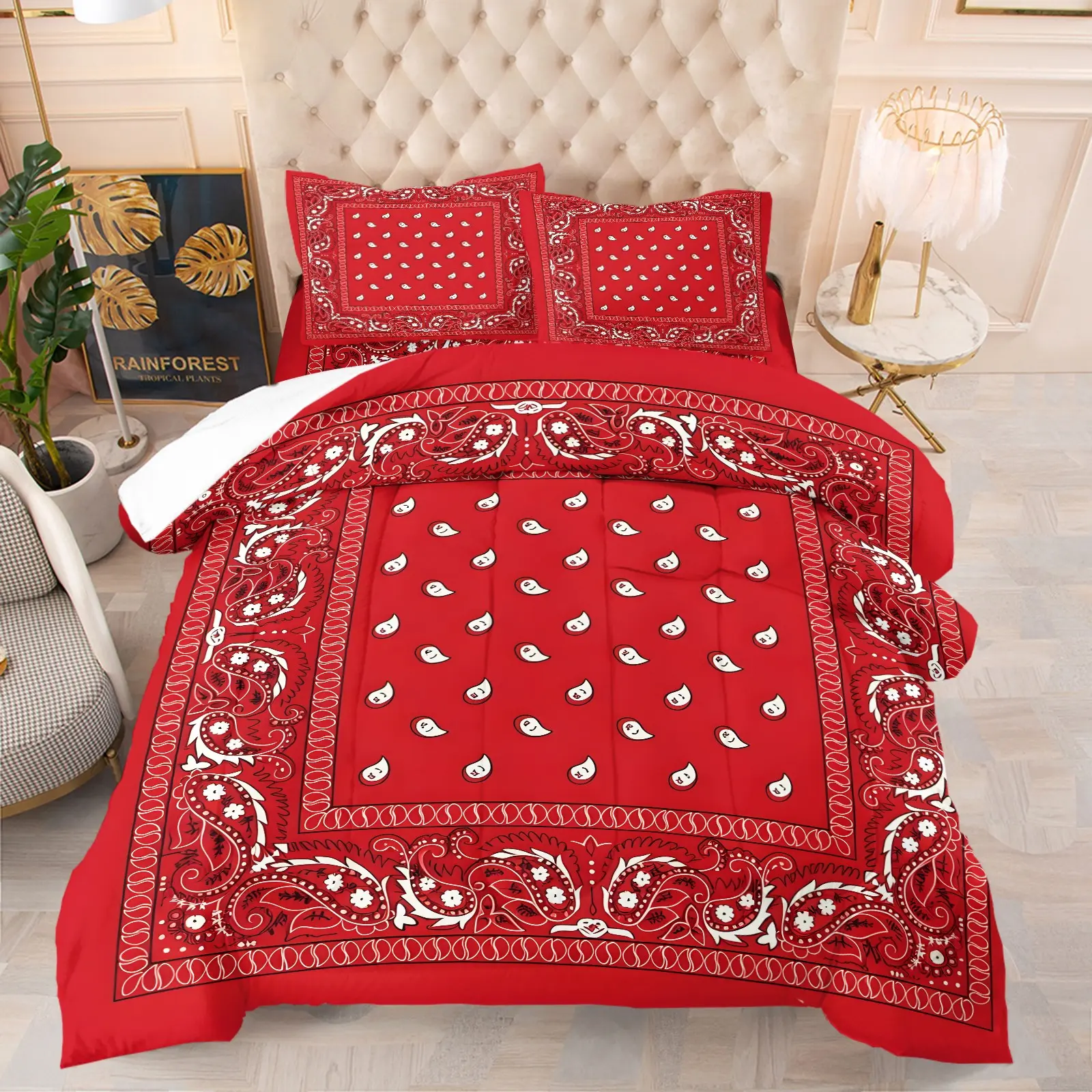 American Red Bandana Border Paisley Quilted Comforter Set, Include 1 Quilt Core & 1‑2 Coreless Pillowcases, Skin‑friendly, soft ＆ warm,proper thickness for all‑season usage,retro hip‑hop bedding for dorm home‑use ＆ holiday gifts