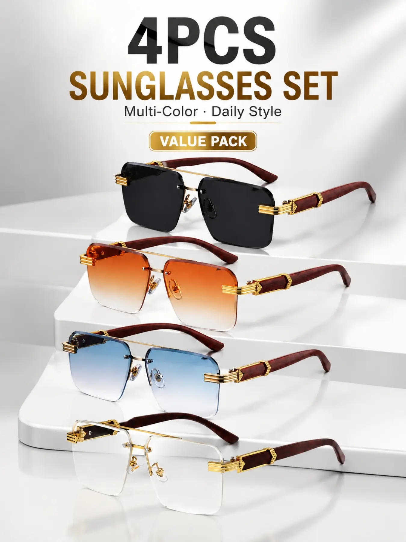 4-Pack Double Beam Wood Grain Temple Half-Rim Cut Edge Sunglasses 2026 New Style UV400 Fashionable Rimless Sunglasses Travel Essential Accessory Daily Matching Gift Trendy V