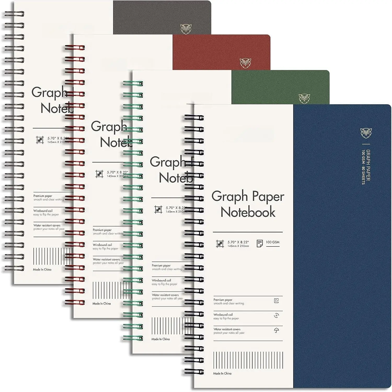 Graph Grid Journal Notebook, 4 Pack, 640 Pages, A5 (5.7" x 8.2") | 100 GSM Thick Paper, Flexible Plastic Cover, Spiral-bound, for School, Student, Note Taking, Engineering