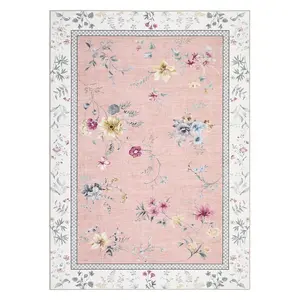 Floral Washable Rugs for Living Room, Modern Bordered Non Slip Bedroom Rugs, Indoor Stain Resistant Large Low Pile Ultra Thin Area Rug for Dining Room Office