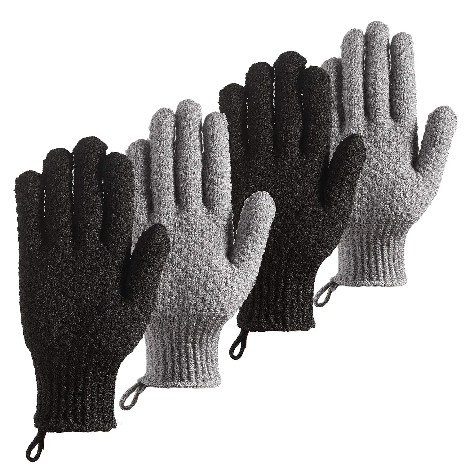Bath  Gloves - 4 count Lengthened and Large Scrubbing Gloves for Shower, , Massage - Scrub Mitts for , , Hand and Foot (Black and Gray)
