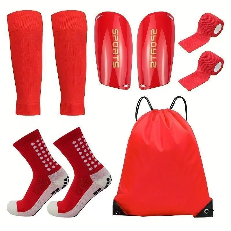 5-in-1 Football Protective Set, Non-Slip Dispensing Socks, Shin Pads, Sleeves & Bandages, Portable Soccer Gear Kit