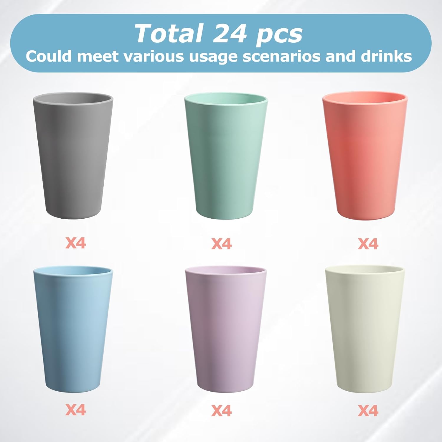 24 count Unbreakable Plastic Cups Set, 14 oz  Plastic Cups, Stackable Water Tumblers, Drinking Cup for Kitchen, Outdoor, , Dishwasher Refrigerator and Microwave Safe (14 oz, 6 Colors)