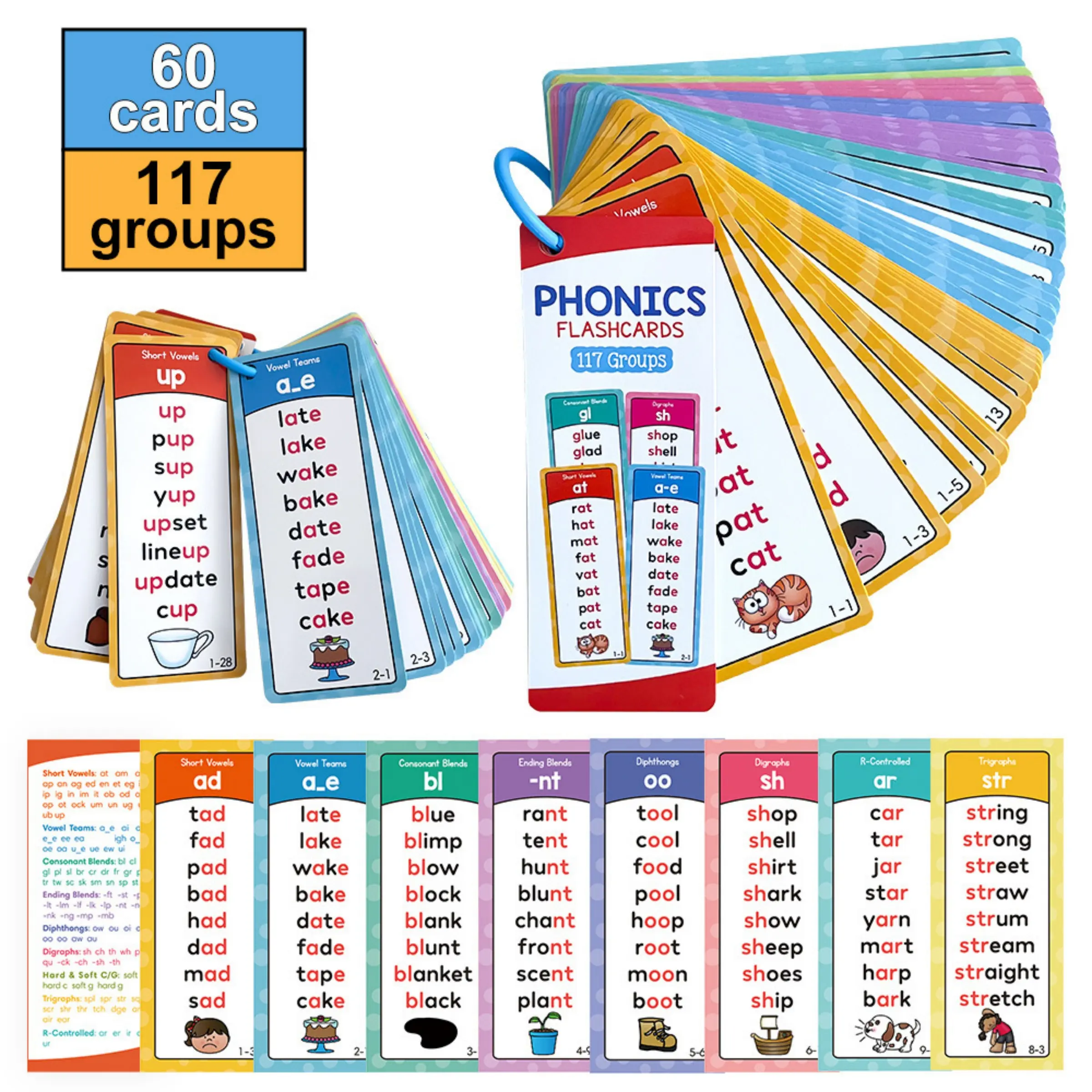 Phonics Word List Card Set, 60pcs/set 117 Groups Pronunciation Word List, Vocabulary Building Aids with Over 900 Pronounced Rhyming Words