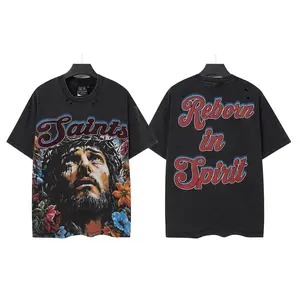 Saints Reborn In Spirit Double Sided Floral Jesus Graphic T-Shirt Men Vintage Washed Distressed Oversized Cotton Short Sleeve Tee For 4th Of July Summer Hip Hop Streetwear Outfit
