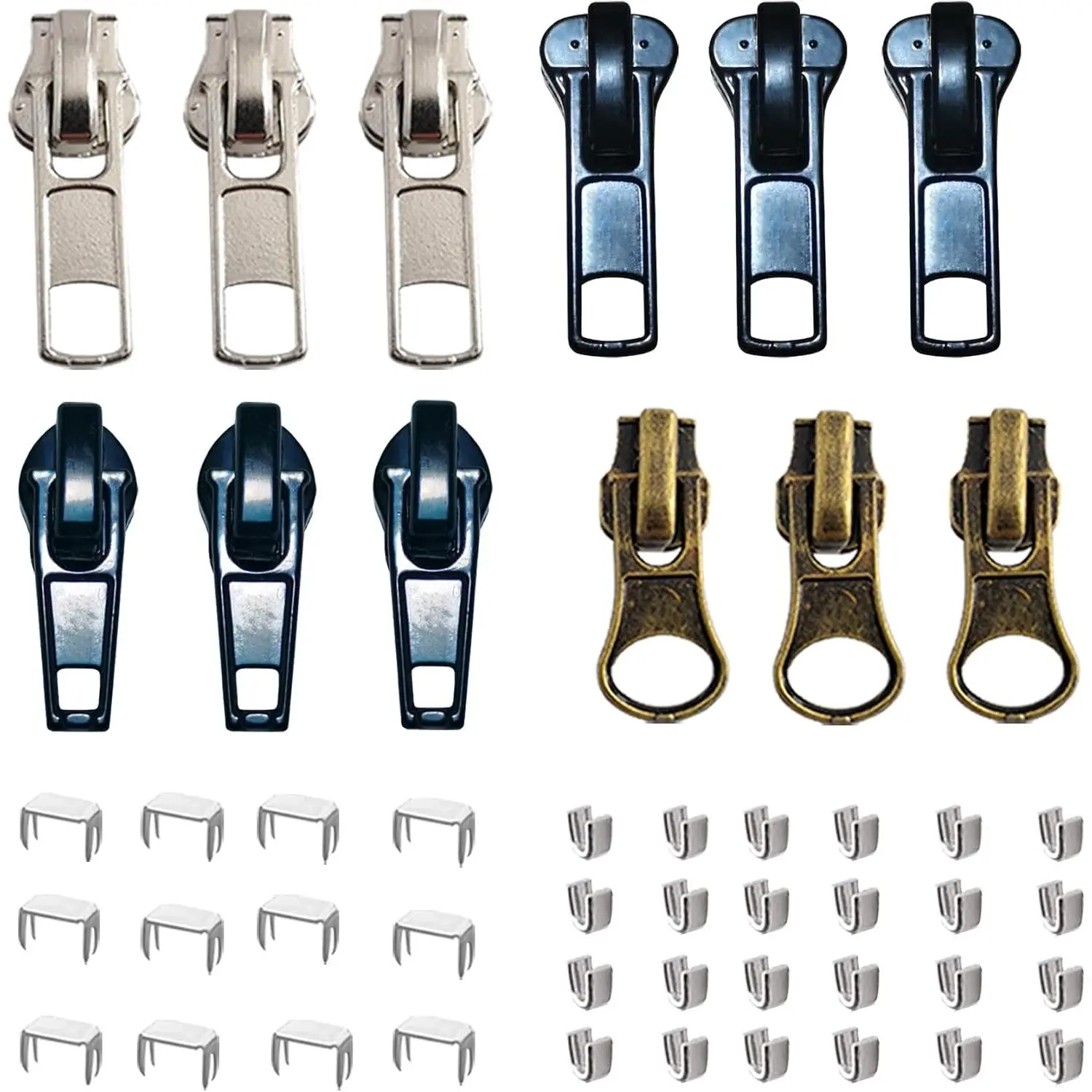 12 count Zipper Pull  5 Zippers Repair Kit Lockable Slider | zippers Bottom and Top Stop , Fix Zip   For Repairing Coats ,Jackets , Metal Plastic and Nylon Coil Zippers.
