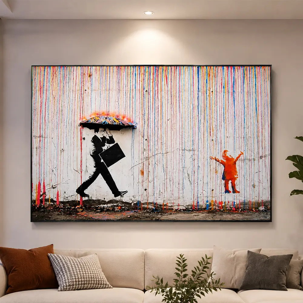 Banksy Rain Wall Art, Rain Wall Decor, Abstract Wall Decor, Color Rain Art, Umbrella Painting, Kids Art, Graffiti Wall Decor, Canvas Print, Street Art Poster, Modern Home Decor, Living Room Artwork, Unique Gift