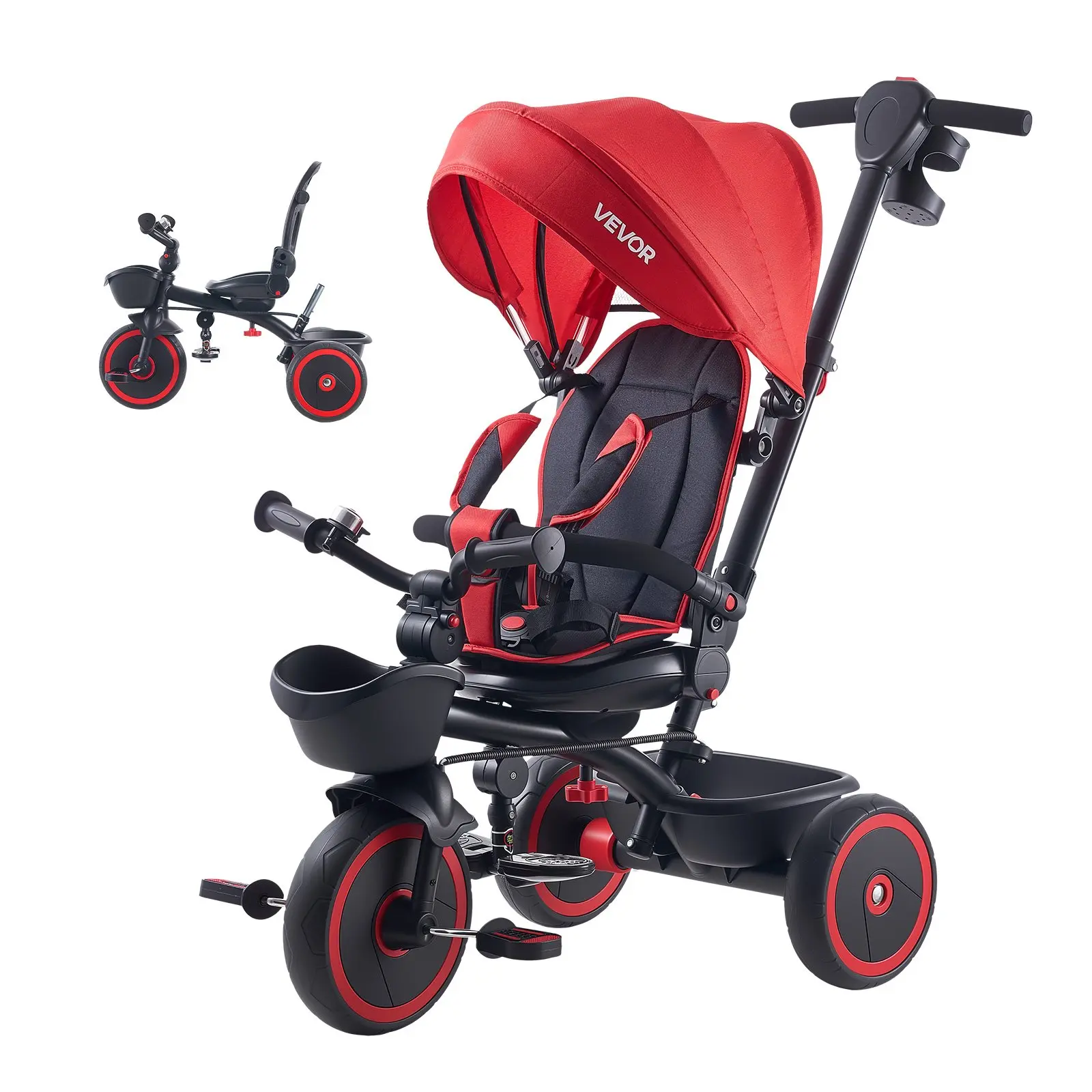 VEVOR Multi-Functional Toddler Tricycle-Pushchair, 6-in-1 EVA Lightweight Durable Carbon Steel Stroller for 2-5 Years, with Height-Adjustable Handlebar, Canopy, Adjustable Seat, Storage, Red/Black Birthday Toy