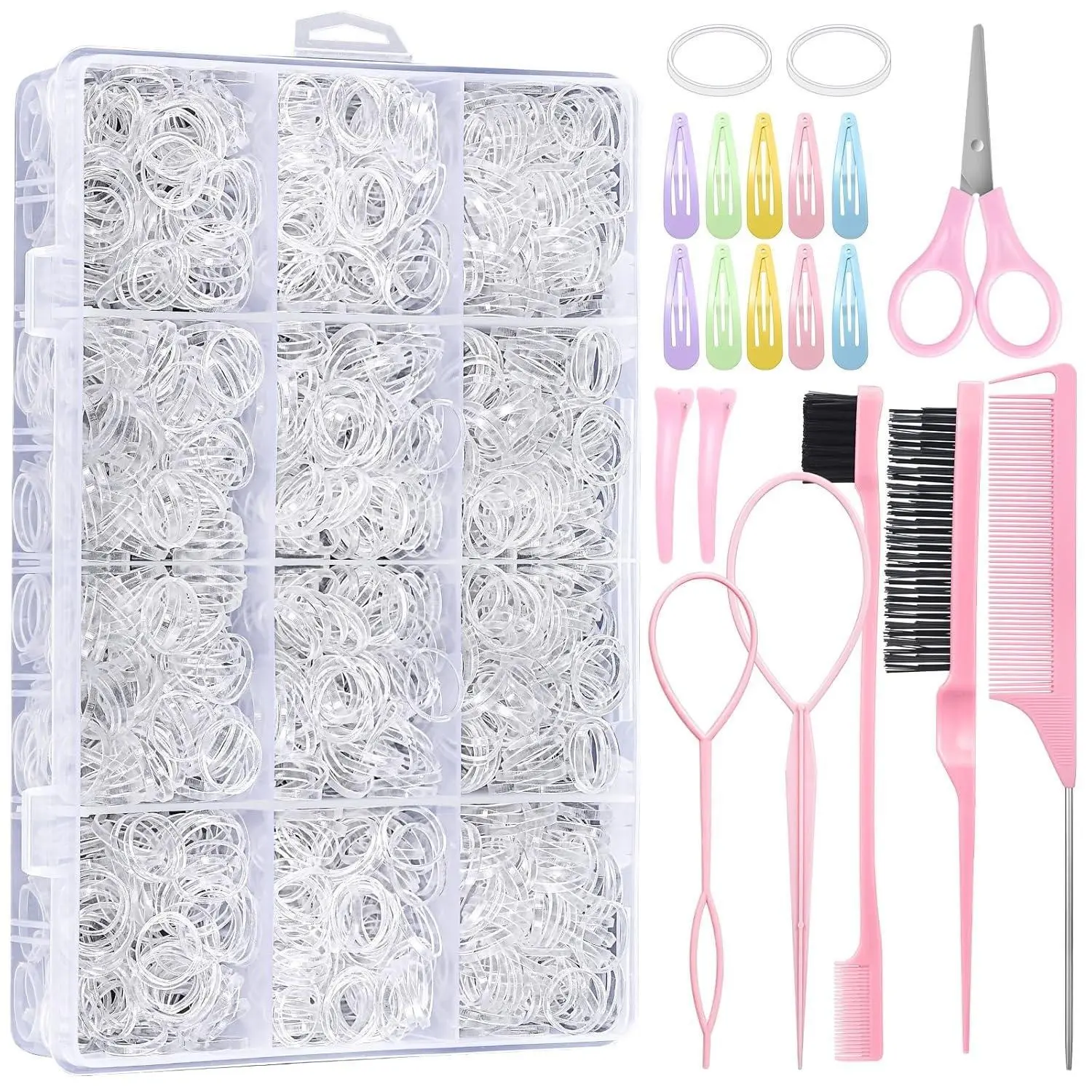 Girls' Hair Braiding Tool Set, Mini Transparent Elastic Bands, Hair Clippers, Tail Comb, Side Brush, Duckbill Clip, Hair Styling Accessories, Hair Tool Kit