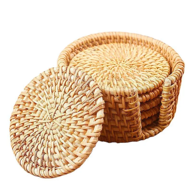 Round Rattan Coaster, 6pcs Handmade Woven Coaster with Storage Box, Heat Resistant Cup Mat, Coaster Set for Home Kitchen Dining Room