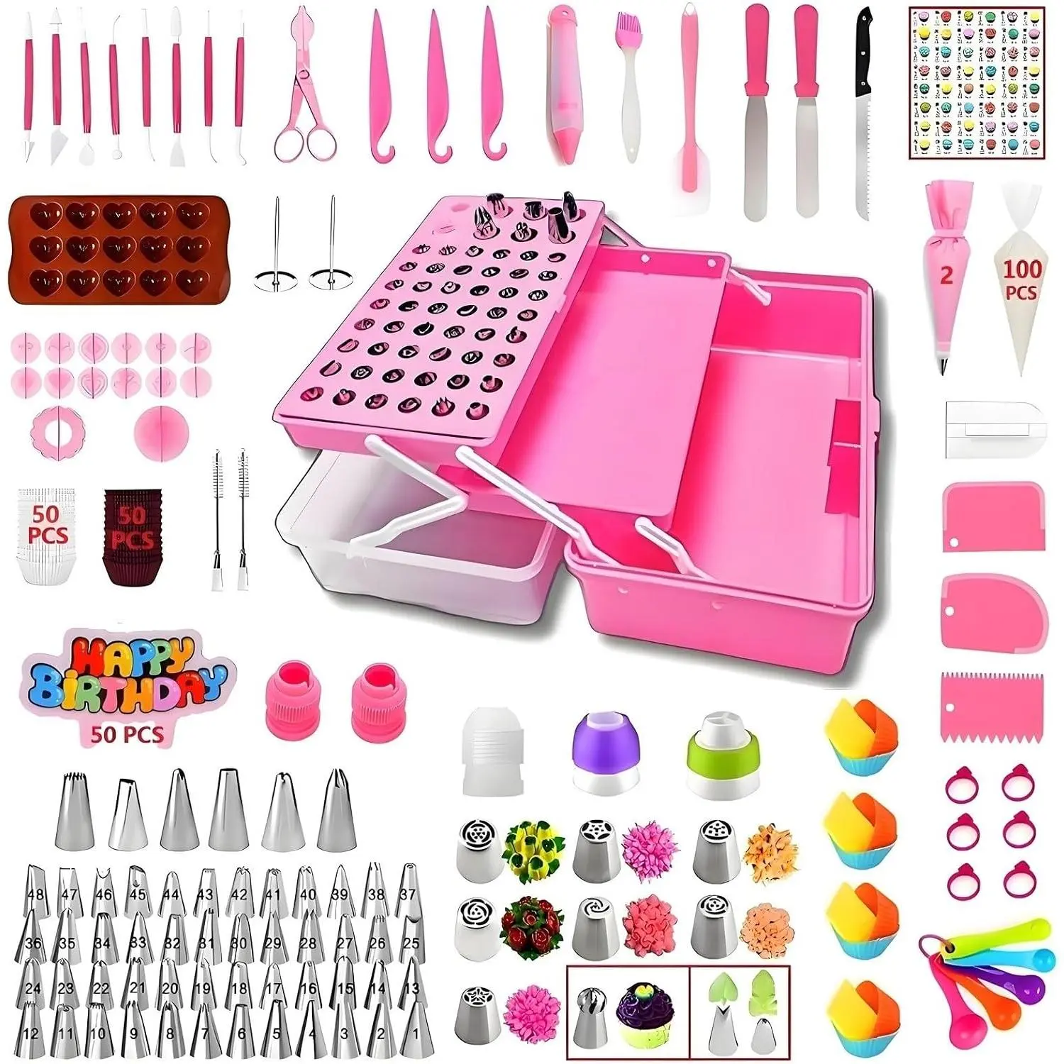 Cake Decorating Kit, 387 count Baking Supplies () | 56 Icing Tips, 8 Russian+Ball Tips, 3 Spatulas, 5 Couplers, 8 Carved Pens, 102 Pastry Bags, Storage Box &