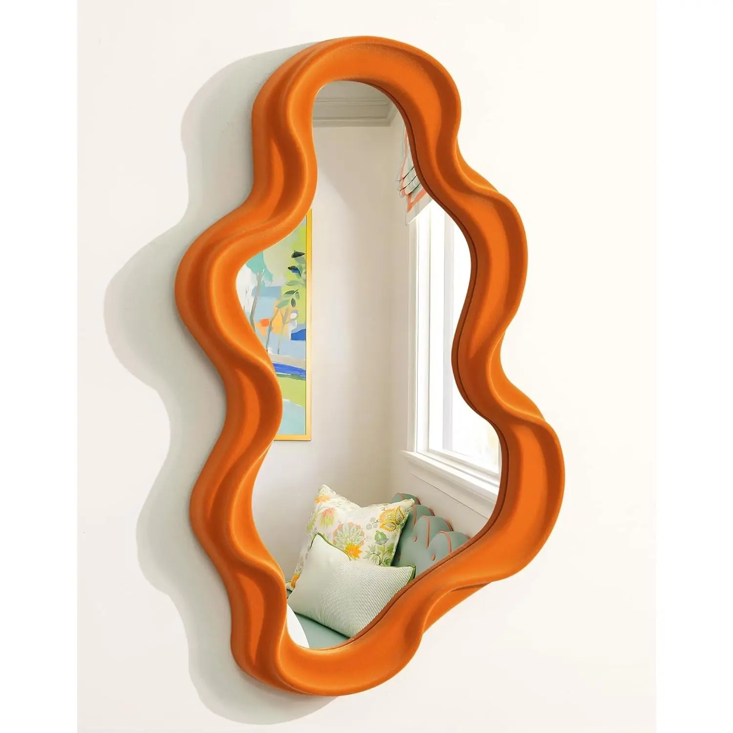 Small Decorative Mirror for Girly Bedroom Dresser Decor, Vivid Abstract Wavy Wall Mirrors for Home Aesthetic Book Coffee Shop Hotel Decoration, Unique Gift for Birthday Thanksgiving (Orange)