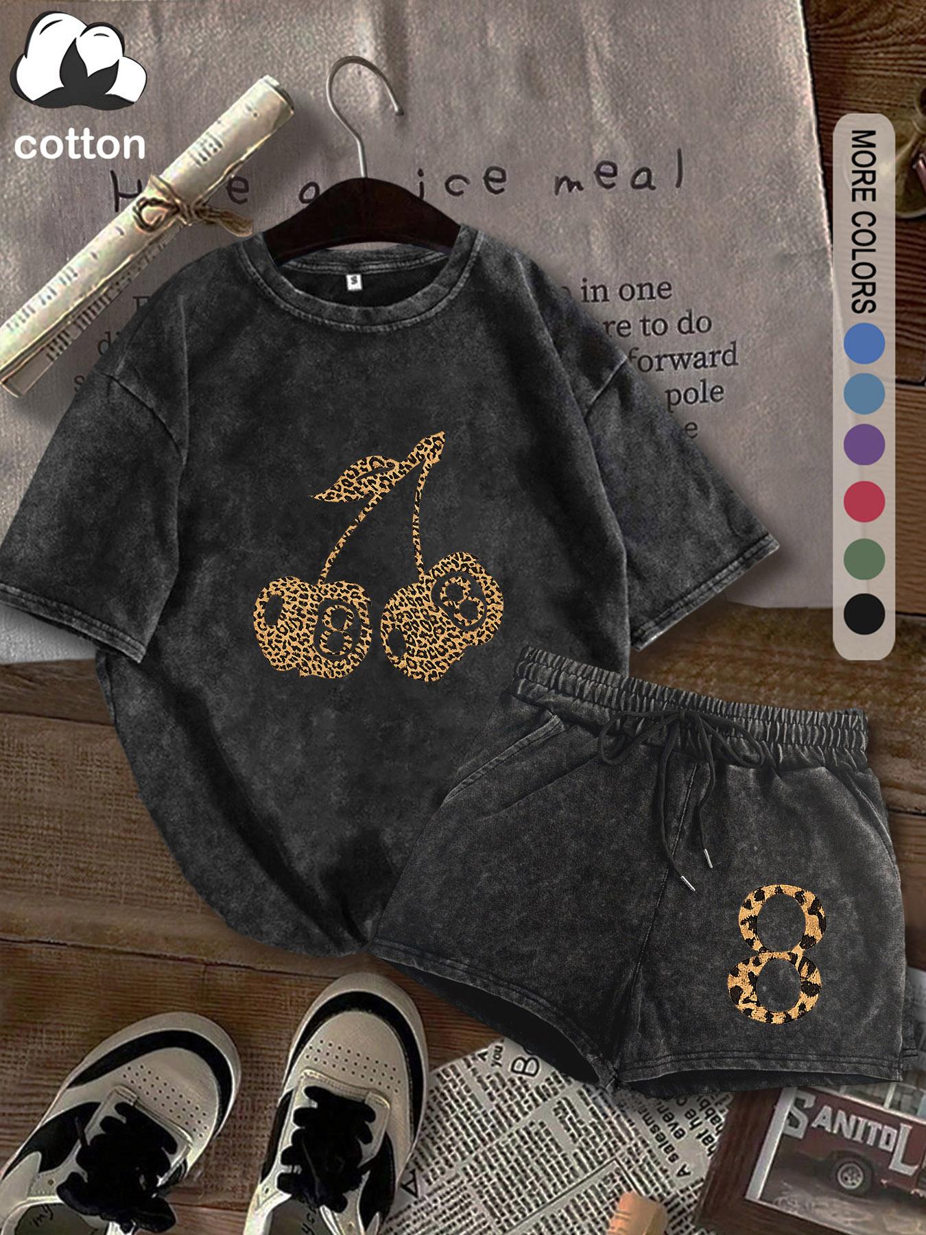 Summer women's suit with leopard and cherry pattern print, comfortable cotton, Breathable, vintage Y2k suitable for outdoor leisure, punk style round neck washed cotton Fitted T-shirt and shorts two-piece suit