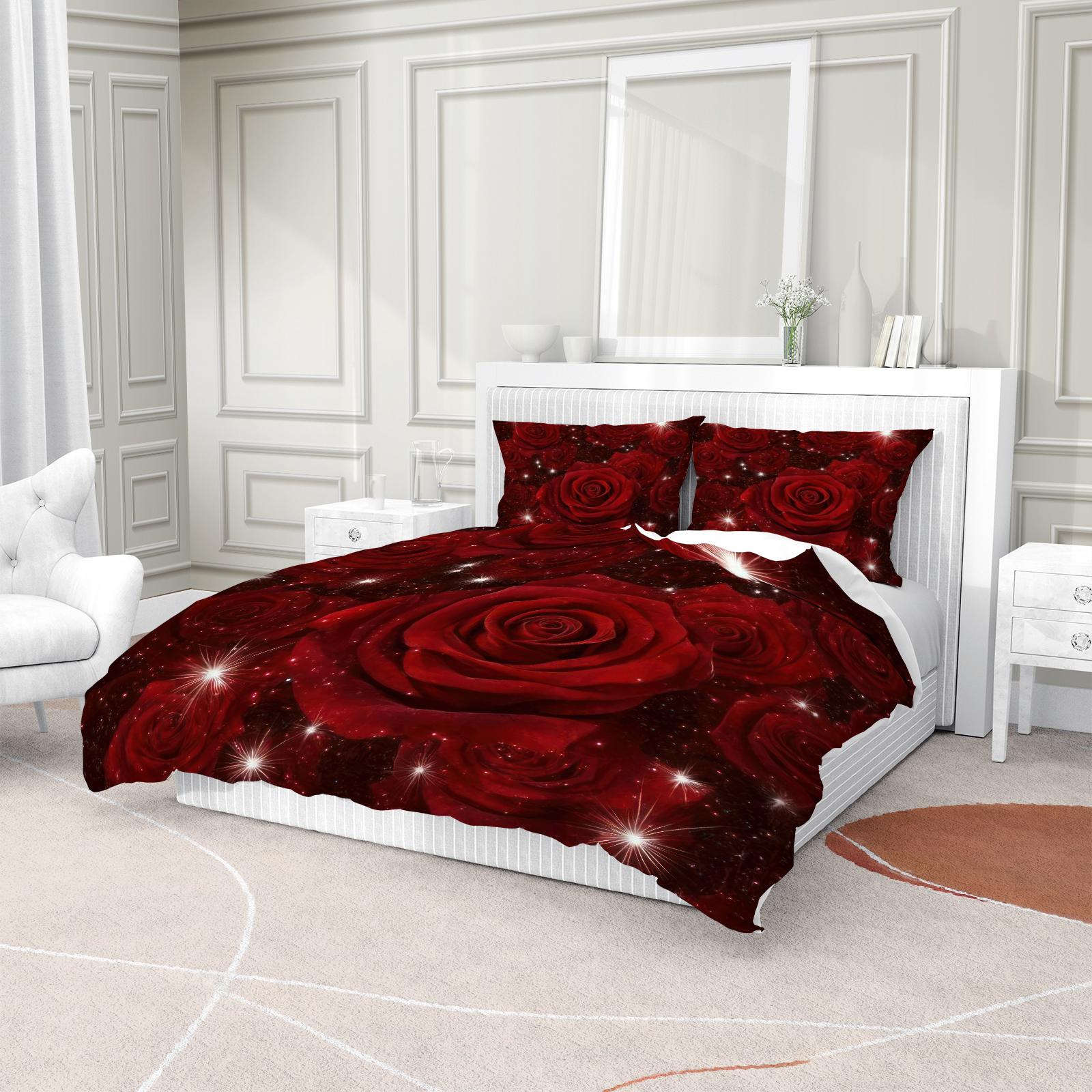 Rose Pattern Bedding Set, Soft Comfortable Sheets & Pillowcases, Bedroom Decor, Includes Fitted Sheet, Flat Sheet, 1/2 Pillowcase