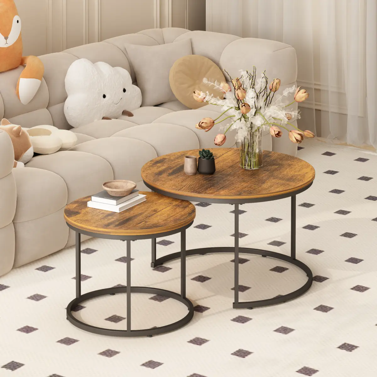 2-Pack Nesting Coffee Tables, 27.6" Round Coffee Table Set with Industrial Wood Finish, Heavy-Duty Metal Frame, End Tables for Living Room, Bedroom, Balcony & Patio