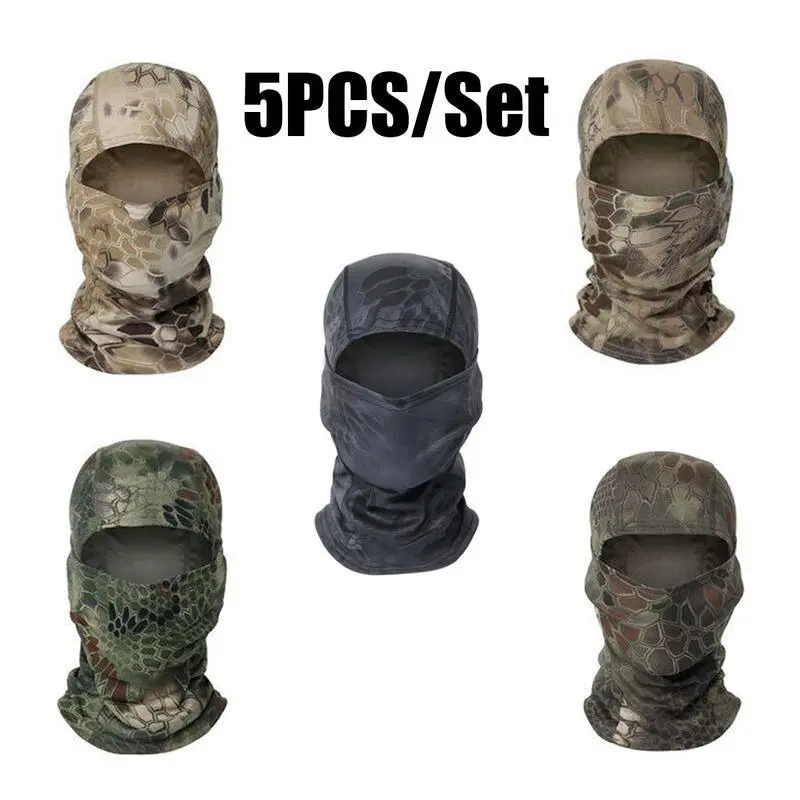 Unisex 5-Pack (b-5pcs/set) Camouflage Synthetic Cooling Balaclava Ski Masks - Polyester Fabric, UV Protection, Breathable, Quick-Dry, Adjustable, 1-Size-Fits-All, Multiple Wearing Methods, Ideal for Hiking, Snowboarding