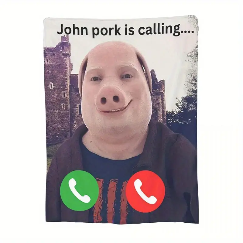 1-Pack Funny John Pork Soft Flannel Blanket - Humorous "John Pork Is Calling..." Design With Medieval Castle & Phone Icons, Contemporary Geometric Print, All-Season Portable Throw For Travel Camping, Sofa, Office - Travel Comfort Gear