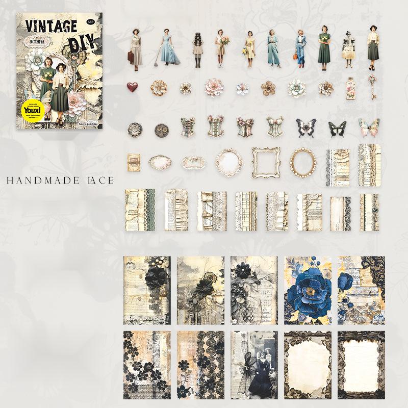 220 sheets/set, retro material pack, character theme, hard cardboard and light paper materials, creative DIY materials, handbooks and handmade materials.