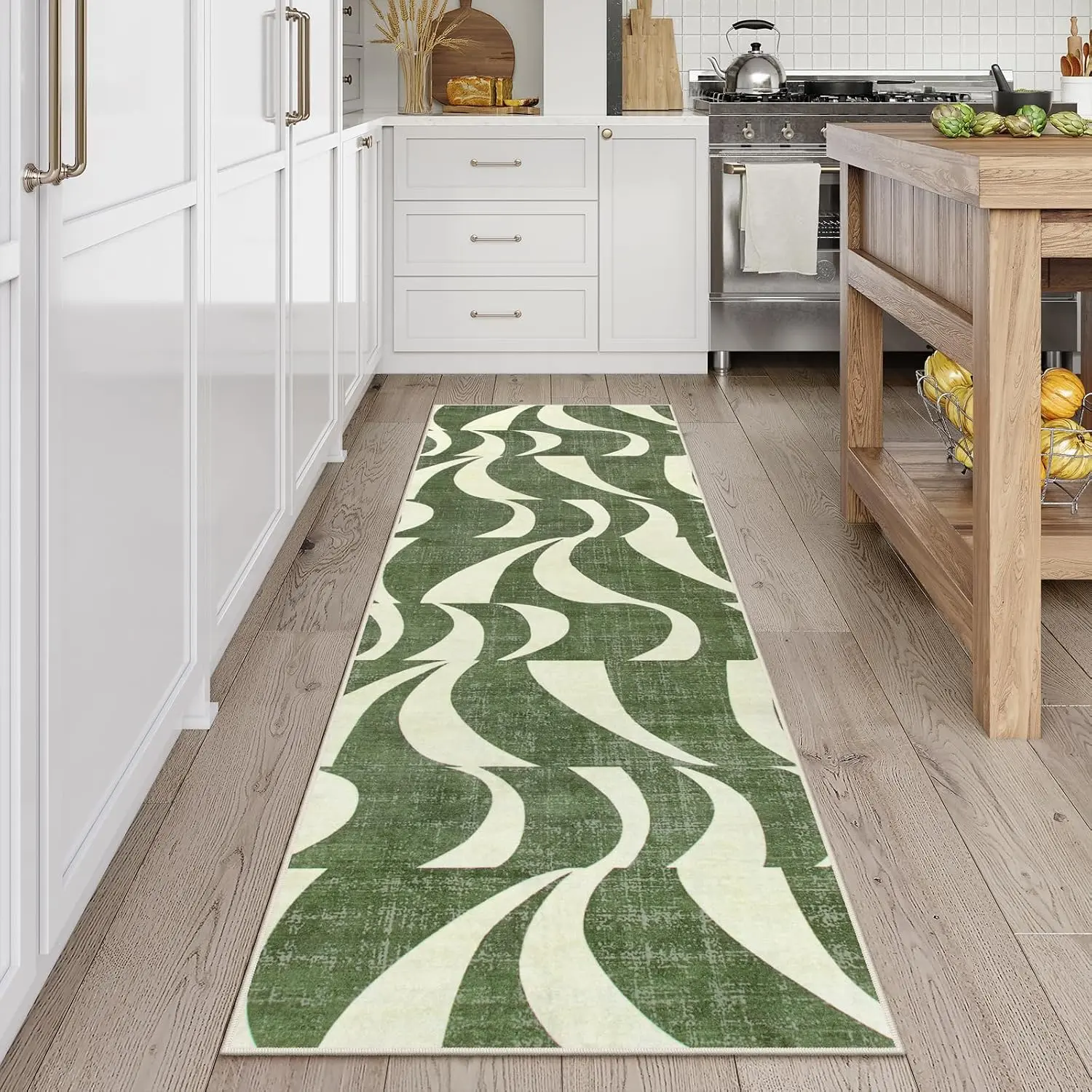 Abstract Runner Rug,Low-Pile Soft 2.5x8 Green Runner Rug for Entryway Indoor Non-Slip,Retro Swirl Carpet Runner Washable for Hallway Entry (8ft,Sage Green)