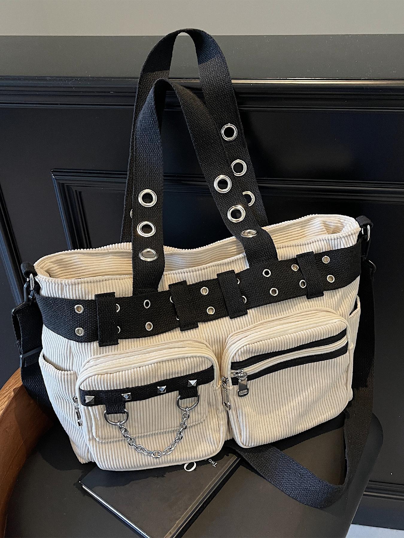 Punk Style Studded & Chain Decorated Crossbody Bag, Multi-pocket Shoulder Bag for Women, Casual Trendy Versatile High-quality Daily Commuting Bag, Fashionable Crossbody Bag
