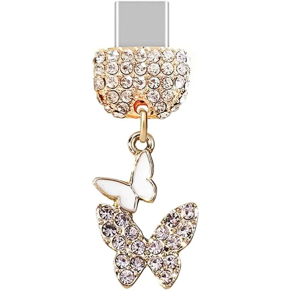 TP274 Alloy Type-C USB Port Anti-Dust Plug, Little Double Butterflies Cell Phone Charm for iPhone 15/16, Android Smartphone, Mobile Cellphone Accessories, Metal, 2Cm, Usb Type-C