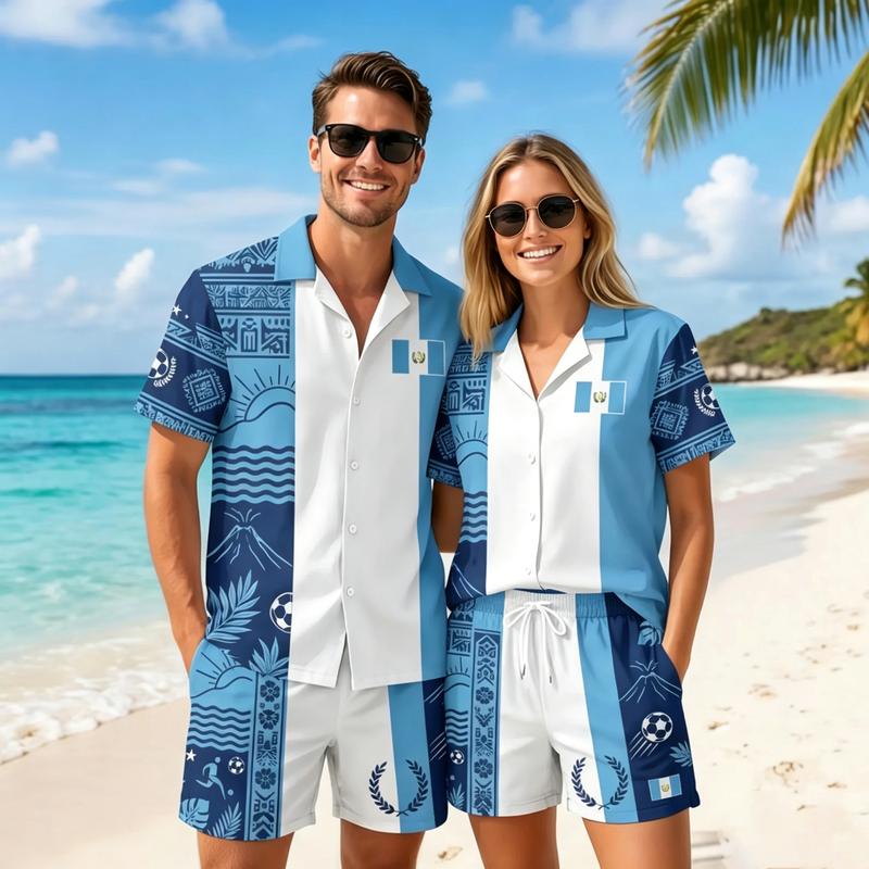 Women's Classic Soft 2-Piece Beach Garment Set, Stylish Collared Guatemalan Flag Menswear-Inspired Short-Sleeve Blouse & Shorts, Outdoor Matching Outfits for Hispanic Heritage Month Pride Gift