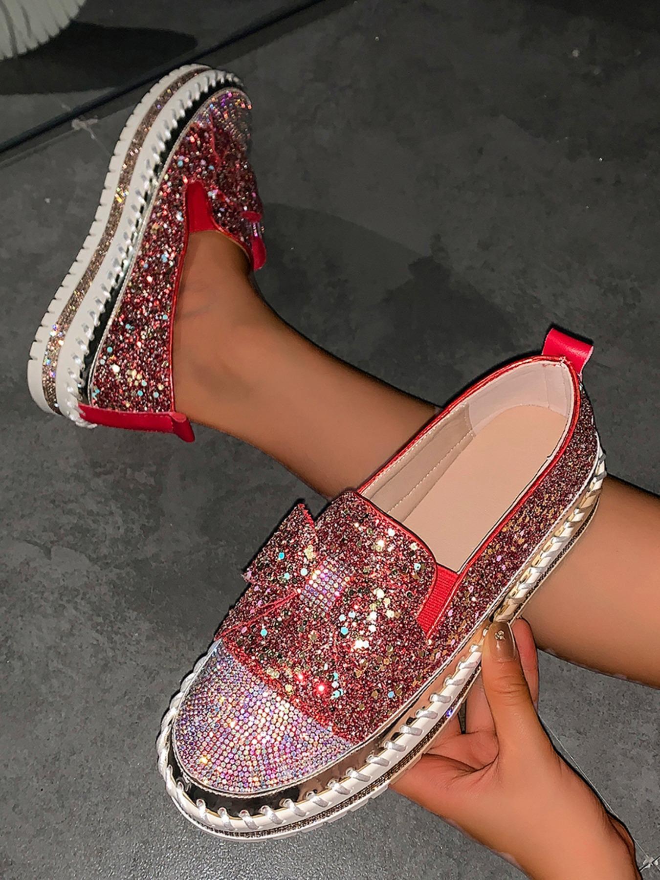 Women's Fashionable Contrast Sequin Bowknot Design Slip on Style Loafers, Elegant Comfort Flat Shoes for Daily Wear, Lightweight Breathable Shoes for Women & Girls