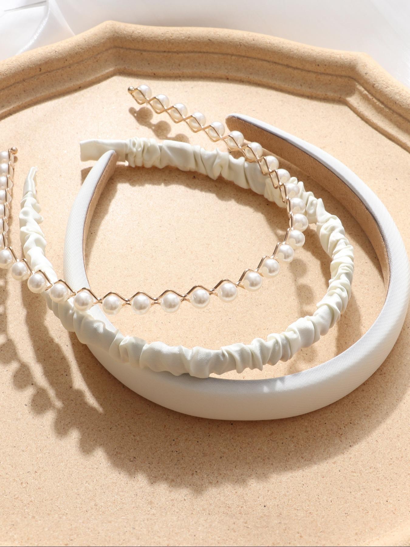 Gorgeous Faux Pearl Decorated Hair Hoop, Elegant Ruched Design Hair Hoop for Women & Girls, Casual Versatile Hair Accessories for Daily Wear Headband Set