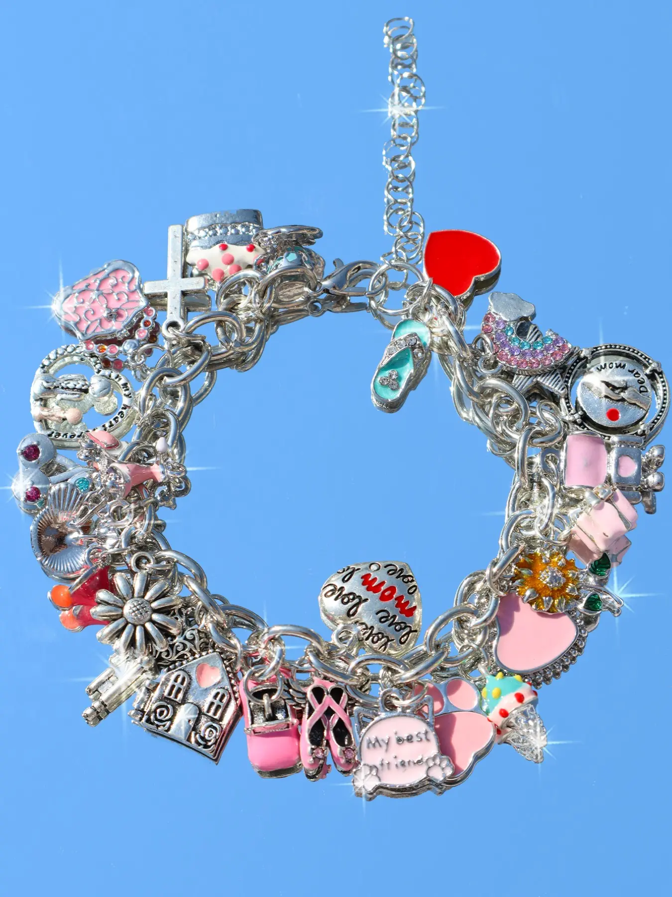 Vintage Heart Flower Charm Bracelet, Retro Cross Bag Bracelet, Cute Cherry Cocktail Coconut Bracelet, Fashion Jewelry Accessory, Alloy Chain Bracelet, Exquisite Bracelet, Floral Charm Bracelets