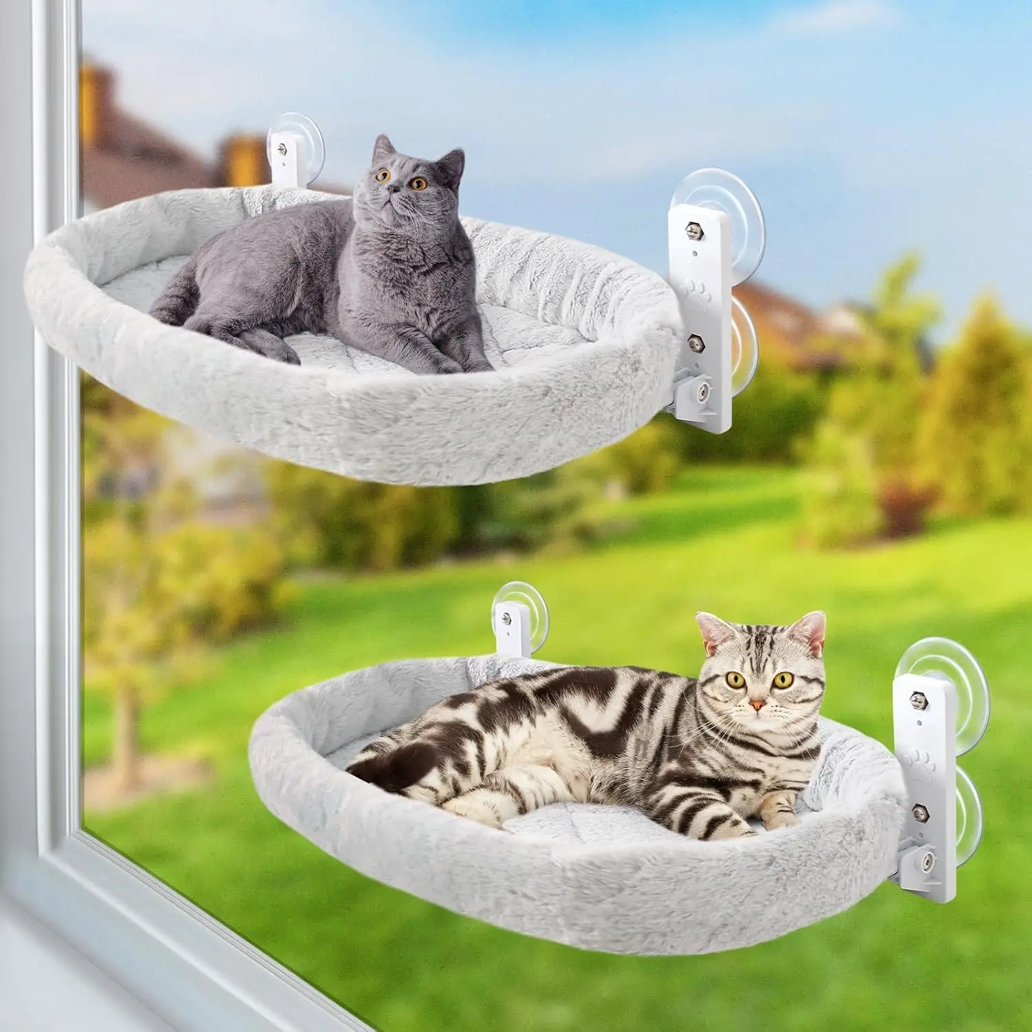 2PCS Cat Window Perch Hammock Cordless Kitty Sunny Bed Seat Window Sill Shelf for Inside Cats Foldable Lounger with 4 Strong Suction Cups Soft Plush Cover 21 * 11.8 in Holds up to 40lbs (Grey)